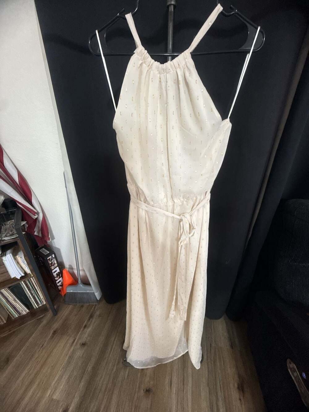 ModCloth Illuminated Elegance Chiffon Maxi Dress Size L Ivory Metallic